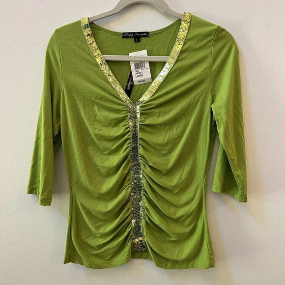 Vintage Y2K NWT Lime Green Sequin Top Women’s Large 3/4 Sleeve Ruched Gold - Picture 3 of 7